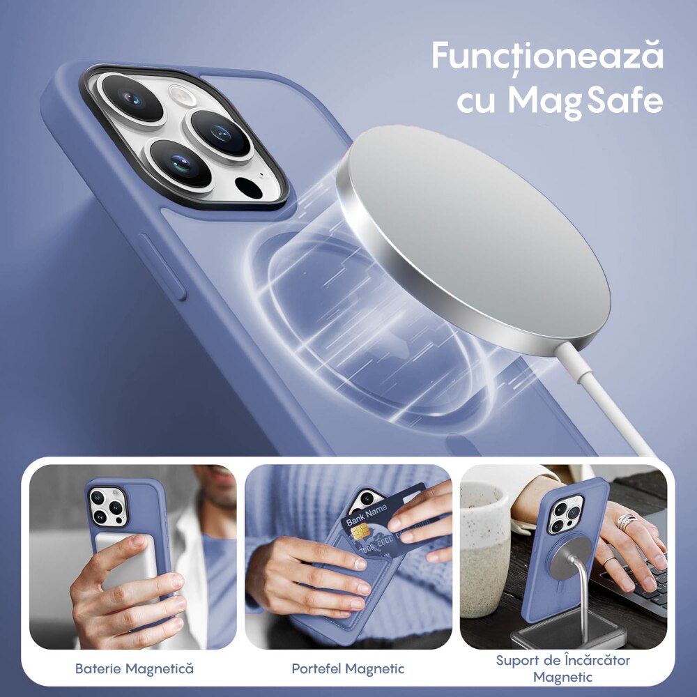 Husa compatibila cu Incarcare Magsafe pentru Apple iPhone 14 Pro Max, CASEY STUDIOS™, de Protectie, Slim, pentru Incarcare Wireless, Margini Ridicate pentru Protectia Ecranului si a Camerelor, Albastru Deschis