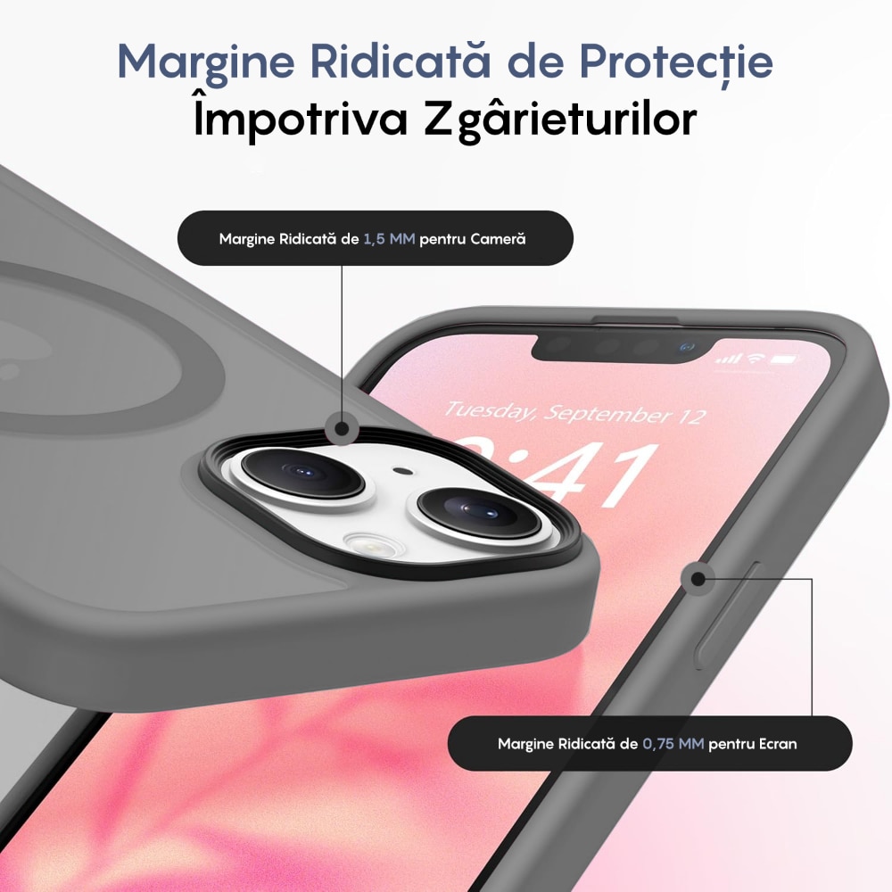 Husa compatibila cu Incarcare Magsafe pentru Apple iPhone 14, CASEY STUDIOS™, de Protectie, Slim, pentru Incarcare Wireless, Margini Ridicate pentru Protectia Ecranului si a Camerelor, Gri deschis