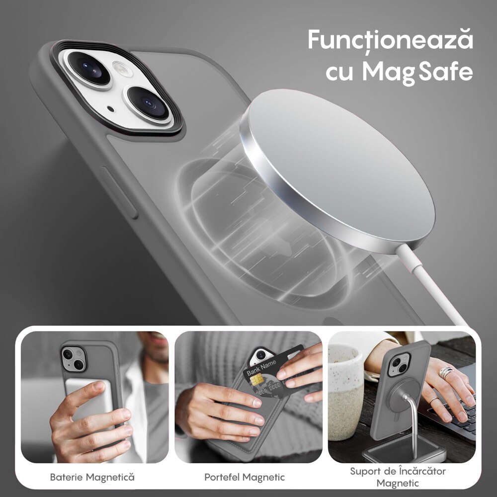 Husa compatibila cu Incarcare Magsafe pentru Apple iPhone 14, CASEY STUDIOS™, de Protectie, Slim, pentru Incarcare Wireless, Margini Ridicate pentru Protectia Ecranului si a Camerelor, Gri deschis