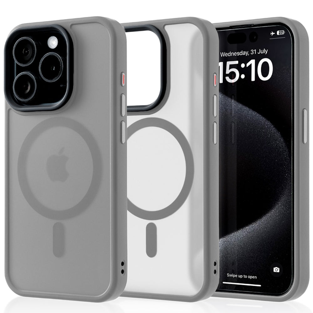 Husa compatibila cu Incarcare Magsafe compatibila cu iPhone 15, CASEY STUDIOS™, de Protectie, Slim, pentru Incarcare Wireless, Margini Ridicate de Protectia Ecranului si a Camerelor, Gri deschis