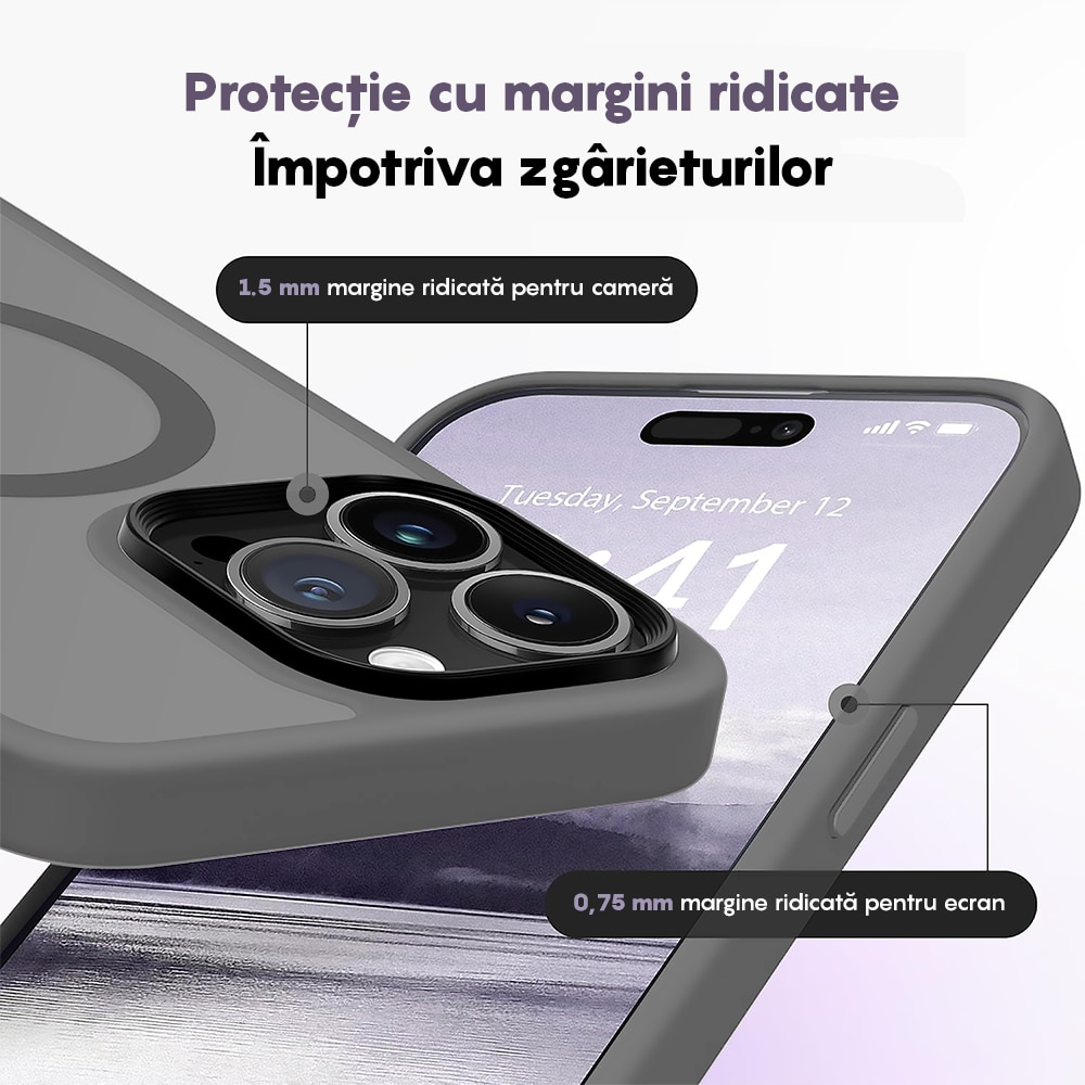 Husa compatibila cu Incarcare Magsafe compatibila cu iPhone 15, CASEY STUDIOS™, de Protectie, Slim, pentru Incarcare Wireless, Margini Ridicate de Protectia Ecranului si a Camerelor, Gri deschis