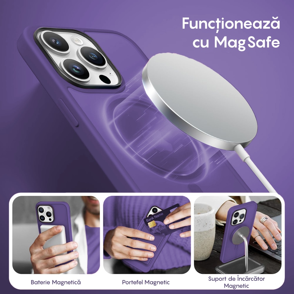 Husa compatibila cu Incarcare Magsafe pentru Apple iPhone 13 Pro, CASEY STUDIOS™, de Protectie, Slim, pentru Incarcare Wireless, Margini Ridicate pentru Protectia Ecranului si a Camerelor, Mov Inchis