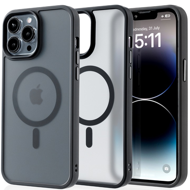 Husa compatibila cu Incarcare Magsafe pentru Apple iPhone 14 Pro Max, CASEY STUDIOS™, de Protectie, Slim, pentru Incarcare Wireless, Margini Ridicate pentru Protectia Ecranului si a Camerelor, Negru