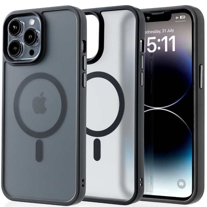Husa compatibila cu Incarcare Magsafe compatibila cu iPhone 14 Pro Max, CASEY STUDIOS™, de Protectie, Slim, pentru Incarcare Wireless, Margini Ridicate de Protectia Ecranului si a Camerelor, Negru