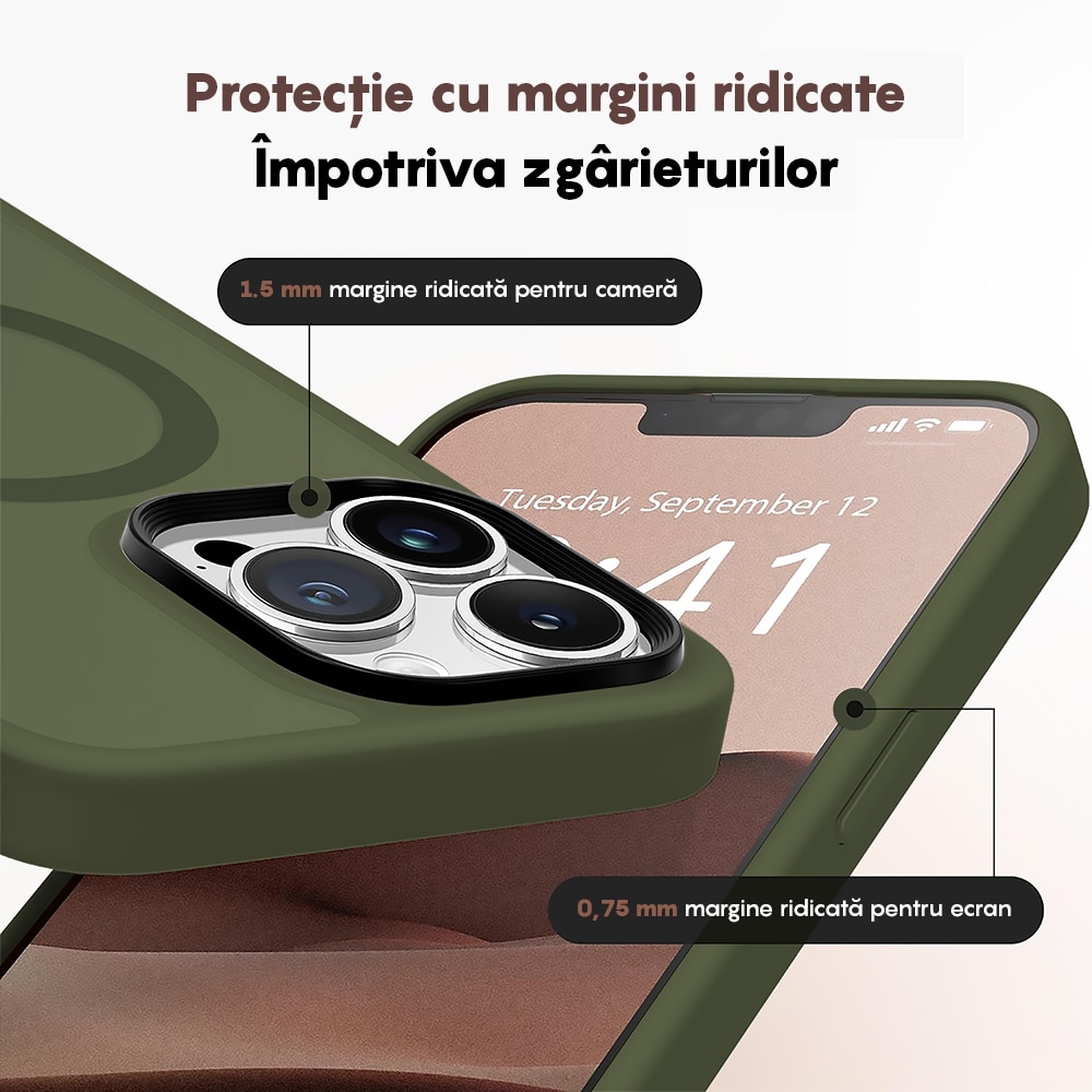 Husa compatibila cu Incarcare Magsafe compatibila cu iPhone 13 Pro, CASEY STUDIOS™, de Protectie, Slim, pentru Incarcare Wireless, Margini Ridicate de Protectia Ecranului si a Camerelor, Verde
