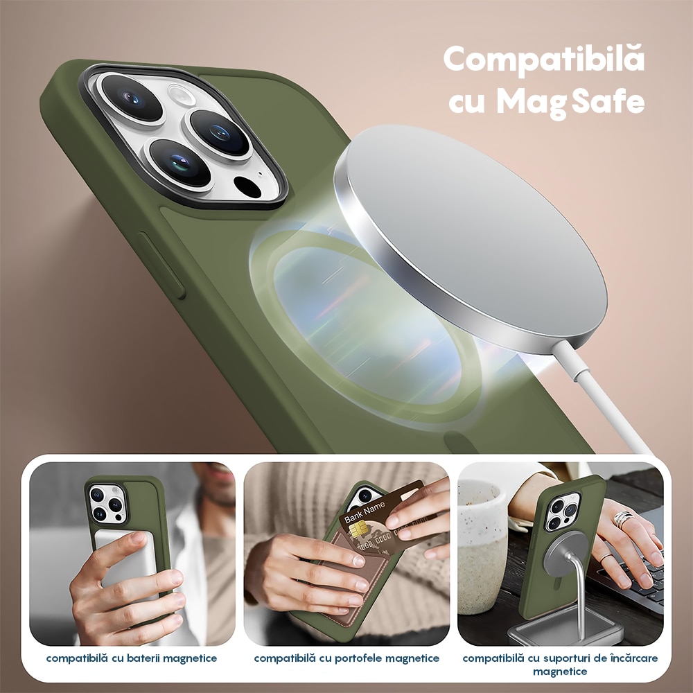Husa compatibila cu Incarcare Magsafe compatibila cu iPhone 13 Pro, CASEY STUDIOS™, de Protectie, Slim, pentru Incarcare Wireless, Margini Ridicate de Protectia Ecranului si a Camerelor, Verde