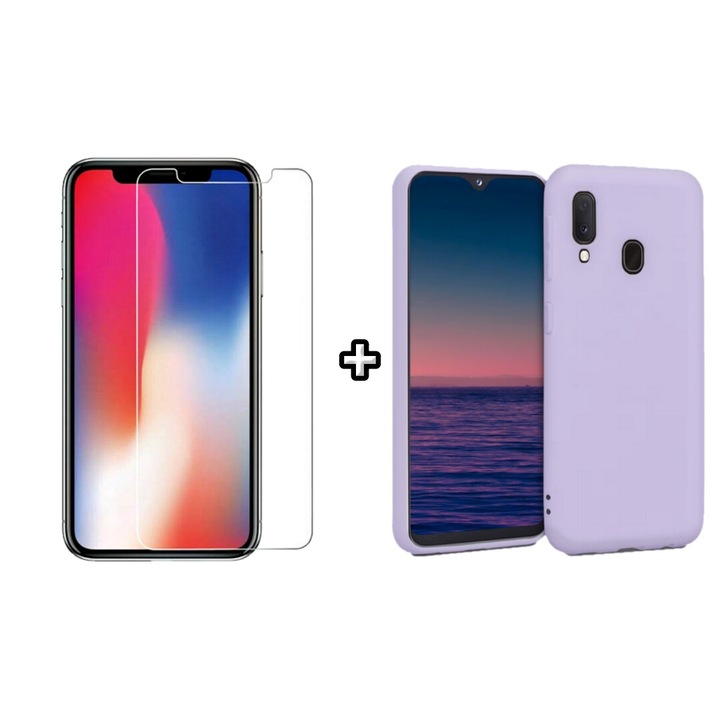 Set Husa Silicon plus Folie din sticla transparenta compatibila cu Samsung Galaxy A40, mov, HQM Protection