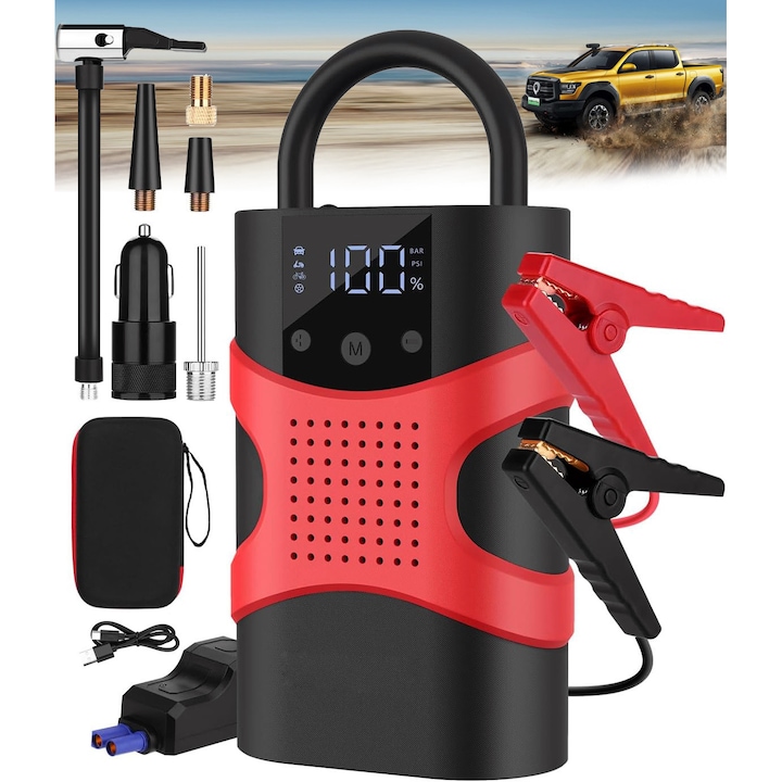 Starter auto portabil cu compresor integrat, Hesasa®, 150 PSI, 12V, 8000mAh, Afisaj digital, 4 x ventile metalice, Umflare/incarcare, Suporta pana la 6,0 litri motor pe benzina/5,0 litri motor diesel, Negru