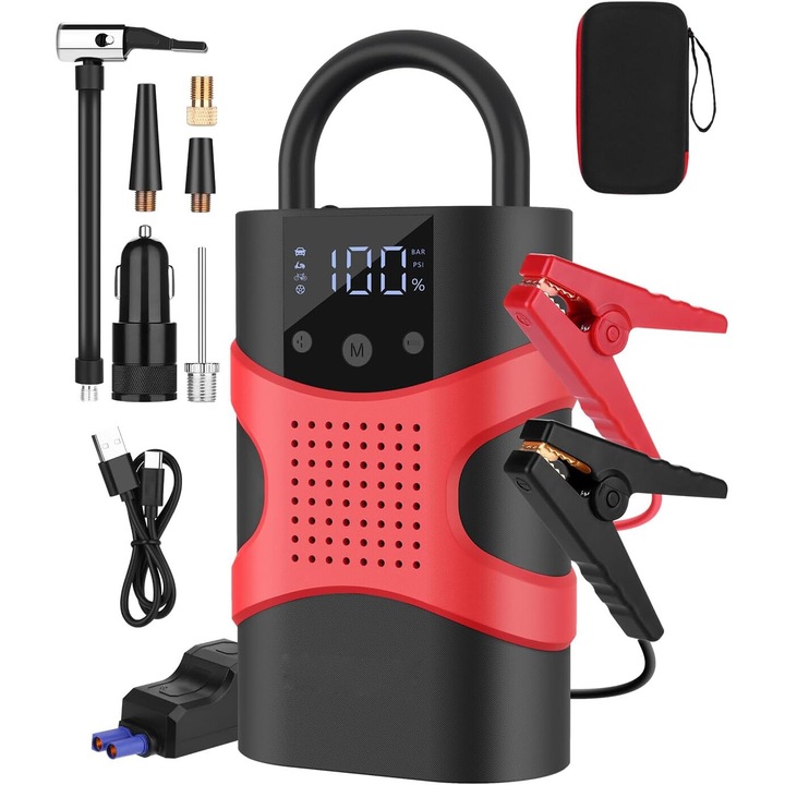 Преносим автоматичен компресор, Hesasa®, 150 PSI, 12V, 8000mAh, цифров дисплей, 4 x метални клапана, USB Type-C, Power Bank, 3 в 1, за 6.0L бензинов/5.0L дизелов двигател, 148*94*54mm, черен