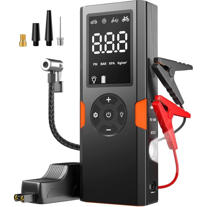 Autóindító, Hesasa, 4 az 1-ben, 4500A, 12V, 12000 mAh, külső akkumulátor/légkompresszor funkció, digitális képernyő, zseblámpa, USB powerbank, hordozható autós egyenirányító, intelligens fogó és hordtáska, 10,0 literes benzinmotorhoz/8. Dízel, fekete