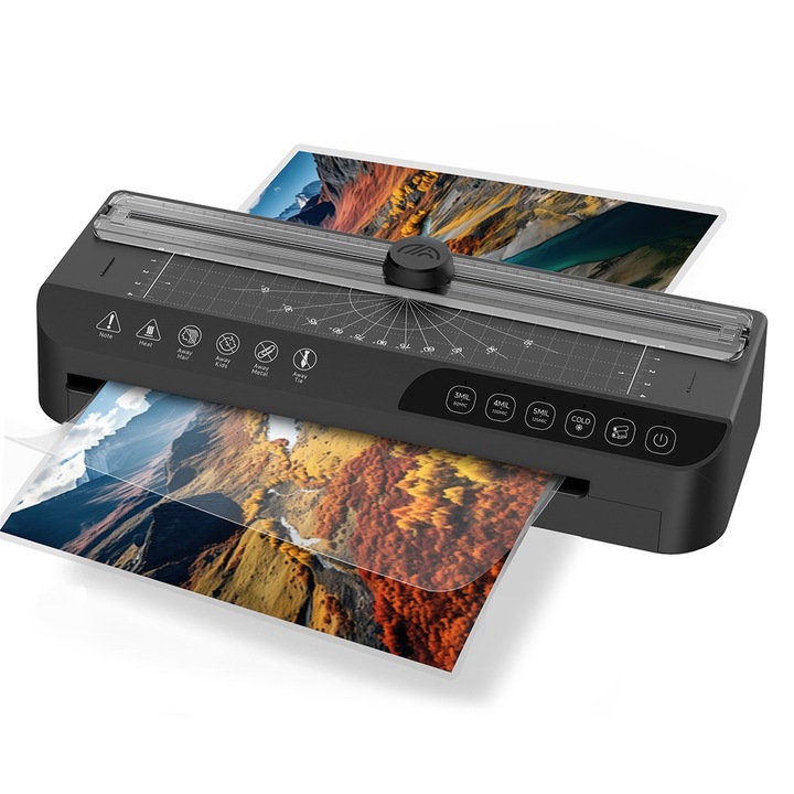 Automata papír lamináló, érintőgombos, meleg és hideg laminálás, gyors melegítéssel, A4-es és az alatti laminált papírhoz alkalmas, Fekete