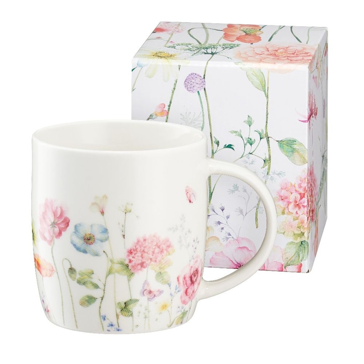 Cana din portelan, Villa Italia, floral, alb, 350 ml