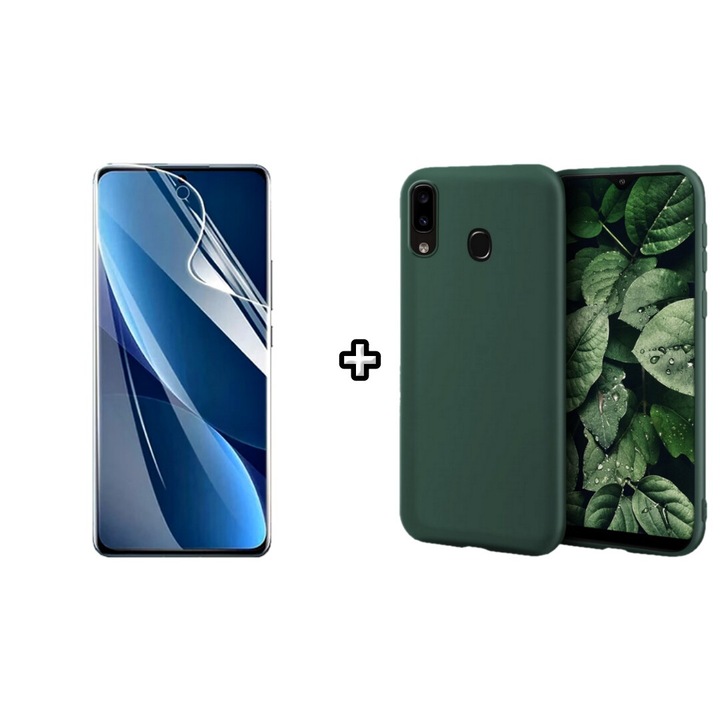 Set Husa Silicon plus Folie din sticla Transparenta compatibila cu Samsung Galaxy A20E, verde inchis, HQM Protection