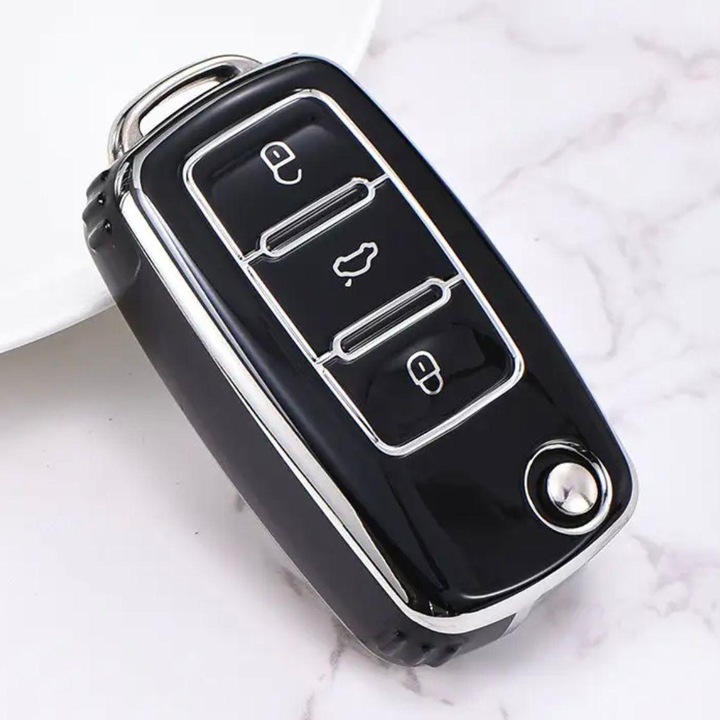 Husa de protectie Premium pentru cheie Volkswagen tip briceag, compatibila cu VW Polo, Golf, Passat, Beetle, Caddy, Transporter, T5, Tiguan, Jetta, Skoda Octavia A5, 3 Butoane, Negru