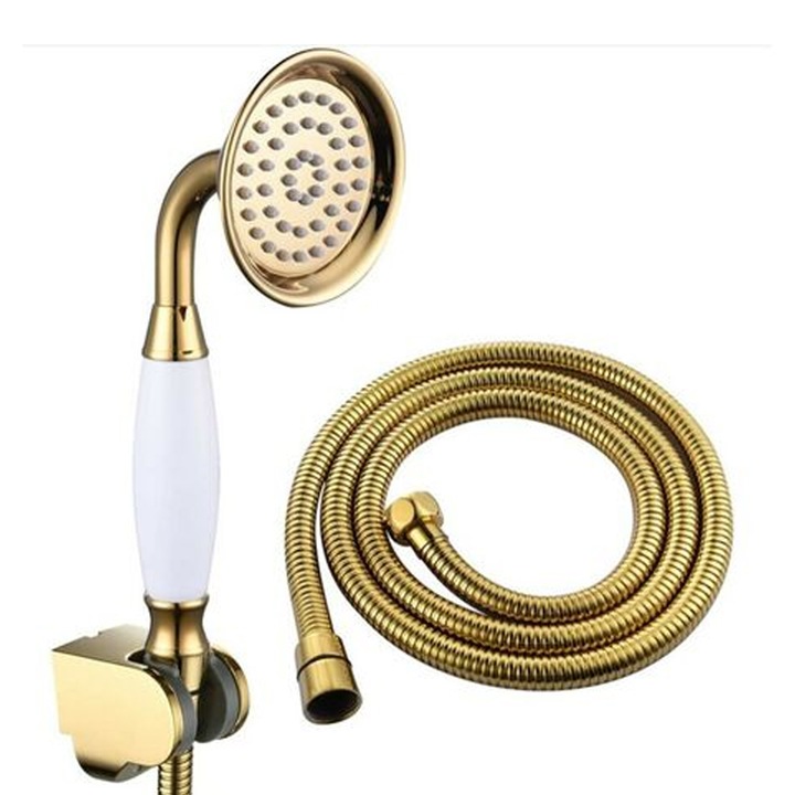 Coloana de dus vintage, Enforose, forma de telefon, finisaj aurie periata, constructie din alama H59, furtun flexibil 1.5m