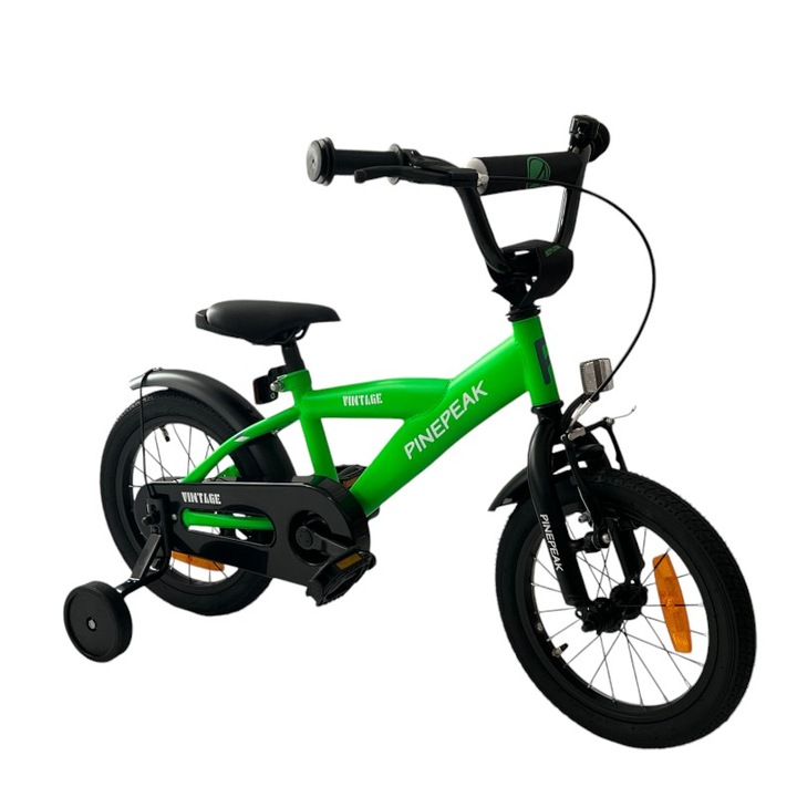 Велосипед PROCART, 14 инча, подвижни спомагателни колела, стоманена рамка 21,5 см, гумени дръжки, регулируемо кормило/седалка, зелен