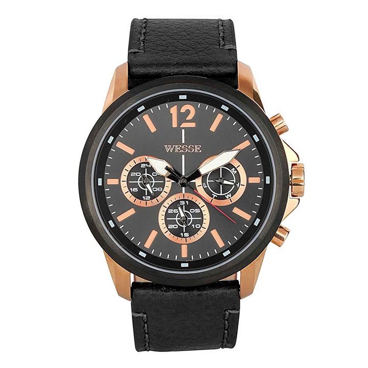 Мъжки часовник Wesse, модел WWG400502L, с кварцов механизъм, водоустойчив 5 ATM, черна каишка, кръгъл стоманен корпус