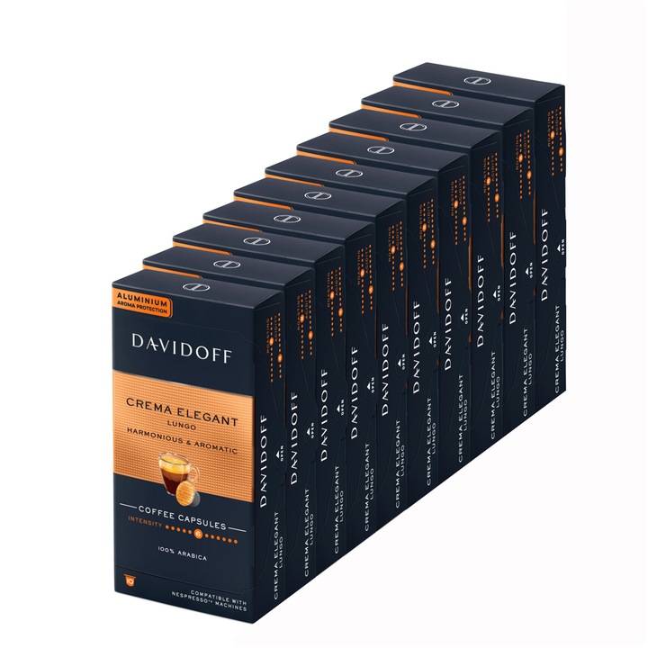 Комплект от 10 х Кафе капсули Davidoff Cafe Crema Elegant Lungo, 100 капсули х 5.5 гр, Съвместими със система Nespresso