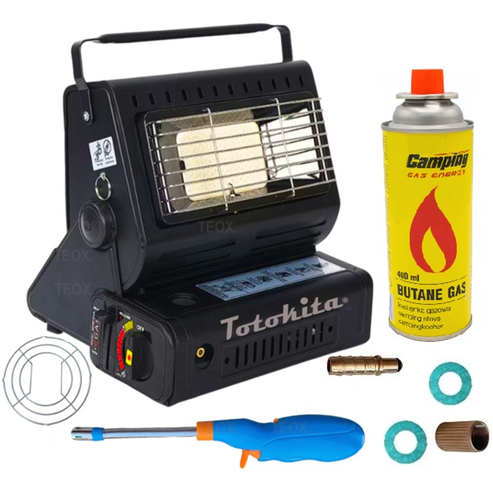 Camping fűtő kályha + gáztartalék 227g, + palacktömlő adapter, tömítések, 1,3 kW, Totokita