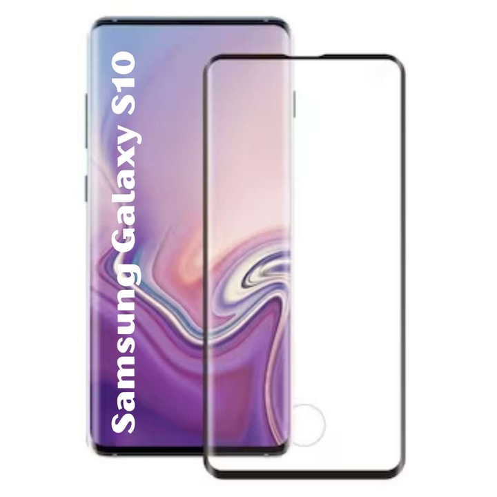 Folie de Protectie din Sticla Premium Curbata cu Decupaj Amprenta pentru Samsung Galaxy S10 cu Kit Montare Inclus, Adeziv pe toata suprafata, Protectie Anti-Zgarieturi si Socuri