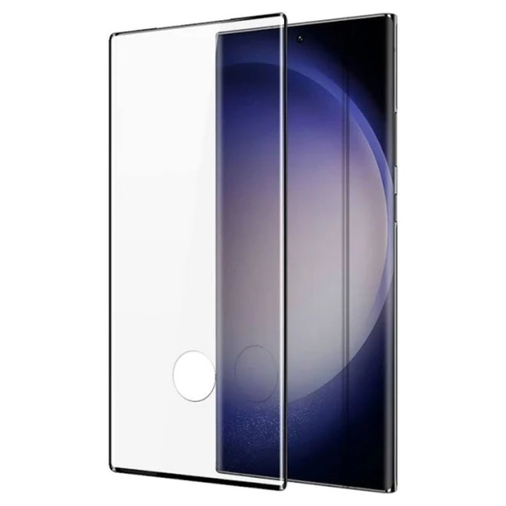 Folie de Protectie din Sticla Premium Curbata cu Decupaj Amprenta pentru Samsung Galaxy S23 Ultra cu Kit Montare Inclus, Full Screen, Duritate 10D, Protectie Anti-Zgarieturi si Socuri