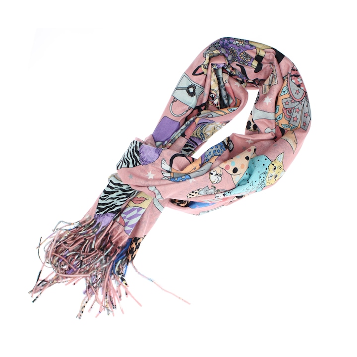 Шал за дами, Boutiquecochet, кашмир, 70x170 см, шарка коте, розов - ES2762