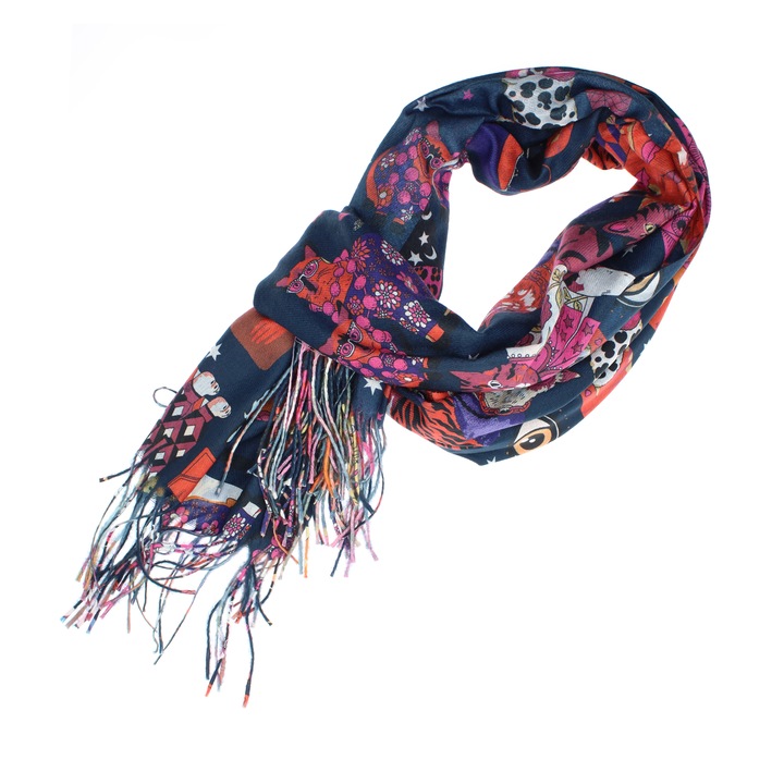 Шал, дамски, Buticcochet, кашмир, 70x170 см, шарка коте, тъмносиньо - ES2764