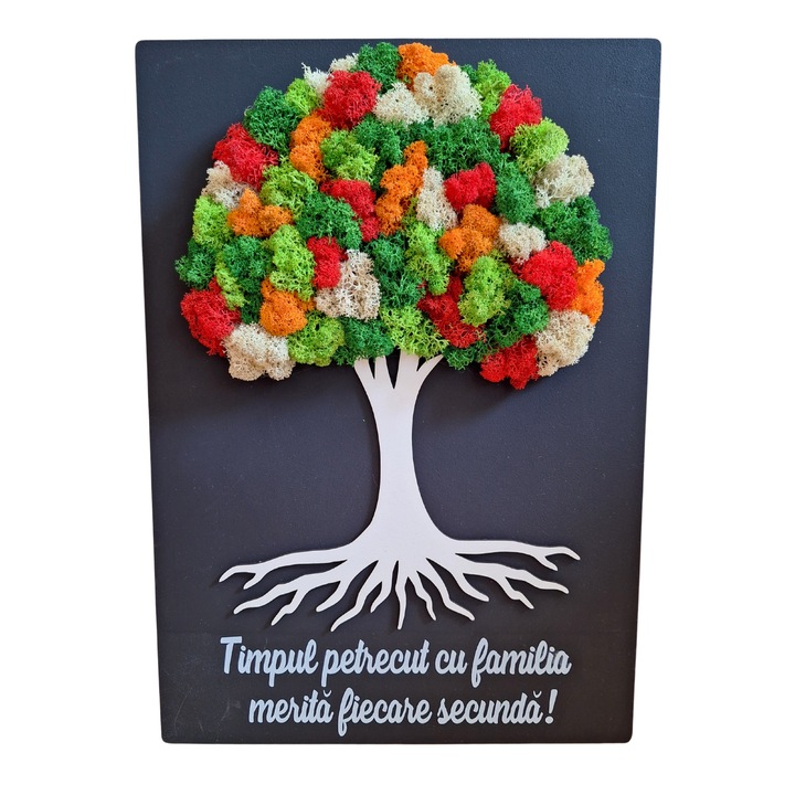 Tablou din lemn - Timpul petrecut cu familia - v7 decorat cu licheni stabilizati verde-portocaliu, 21x30 cm