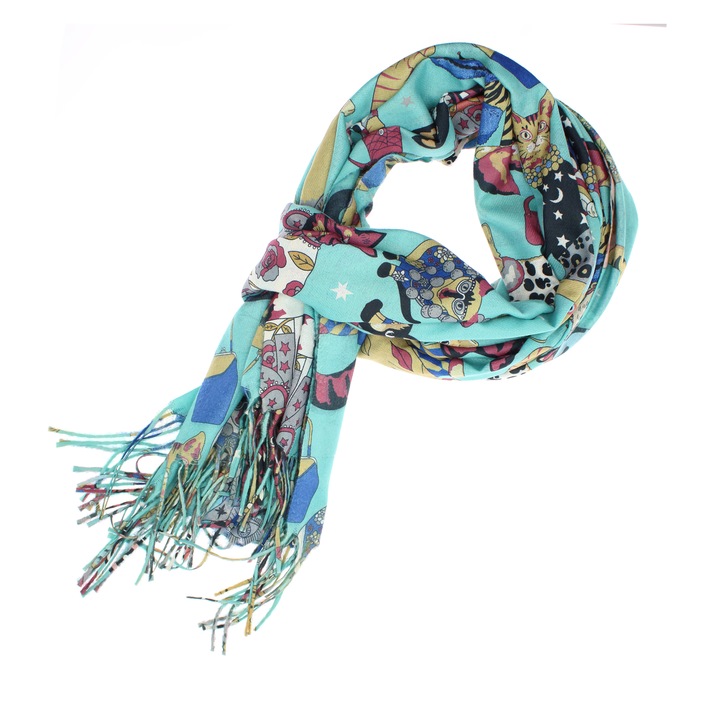 Шал, дамски, Buticcochet, кашмир, 70x170 см, шарка коте, тъмен тюркоаз - ES2765
