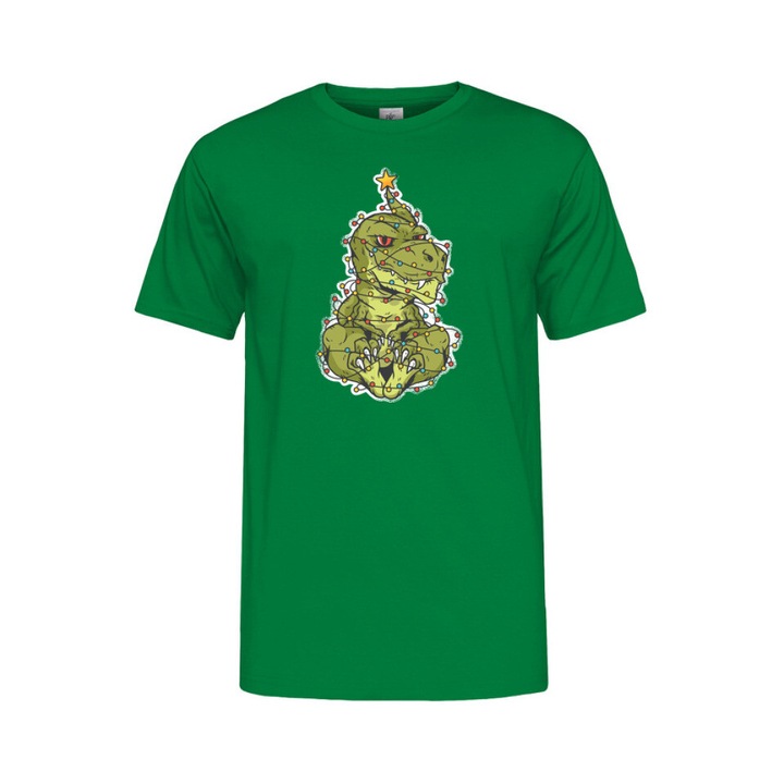 Printeed, Tricou barbati cu decolteu rotund, Dinozaur T-rex Pom de Craciun tricou, Verde, XS