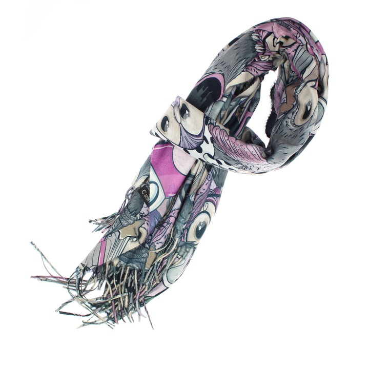 Esarfa, de dama, Buticcochet, Casmir, 70x170 cm, model cu bufnite, Gri - ES2780