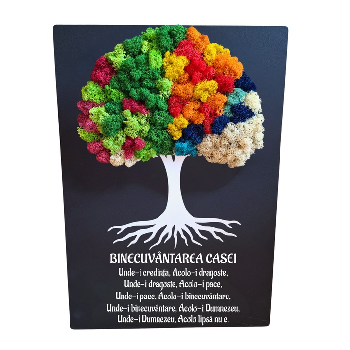 Tablou din lemn - Binecuvantarea casei- v1 decorat cu licheni stabilizati anotimpuri, 21x30 cm