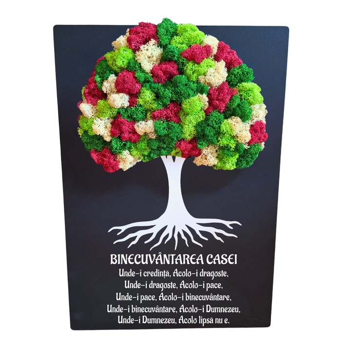 Tablou din lemn - Binecuvantarea casei- v3 decorat cu licheni stabilizati verde-visiniu, 21x30 cm