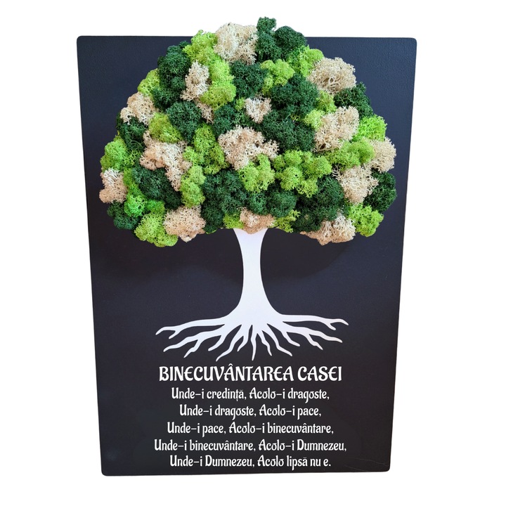 Tablou din lemn - Binecuvantarea casei- v4 decorat cu licheni stabilizati verde-alb, 21x30 cm
