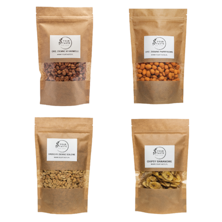Your Taste Set 4 pungi mix, 500g, Arahide caramelizate, Arahide sarate, Arahide cu paprika