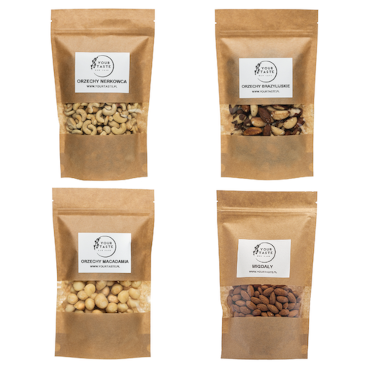 Your Taste Set 4 pachete, nuci caju 500g, nuci braziliene 500g, migdale 500g, nuci macadamia 250g