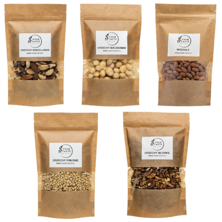 Your Taste Set 5 pungi de nuci, Macadamia 250g + Pin 250g + Braziliana 500g + Italiana 500g + Migdale 500g