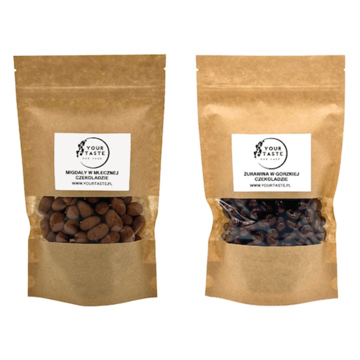 Your Taste Set 2 pungi de 500g, Migdale in ciocolata cu lapte, Merisoare uscate in ciocolata neagra