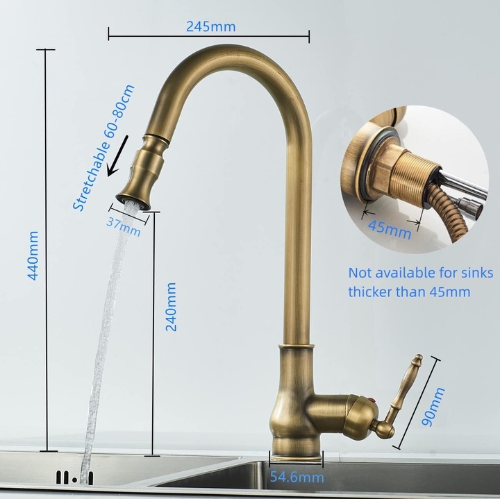 Robinet de bucatarie, rotativ 360°, antichizat, cu duza extensibila, 30x20cm