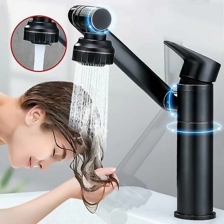 Baterie sanitara, Enforose, neagra mata, din alama si ABS, cu design cu un singur maner, rotire 360°, set complet de instalare