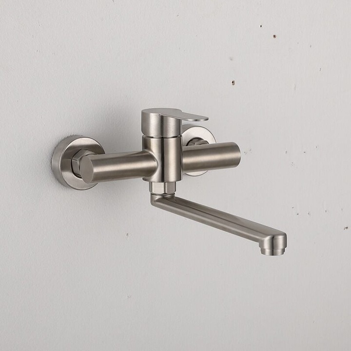 Konyhai csaptelep, 360°-ban forgatható, rozsdamentes acél, fali rögzítésű, 30 cm hosszú