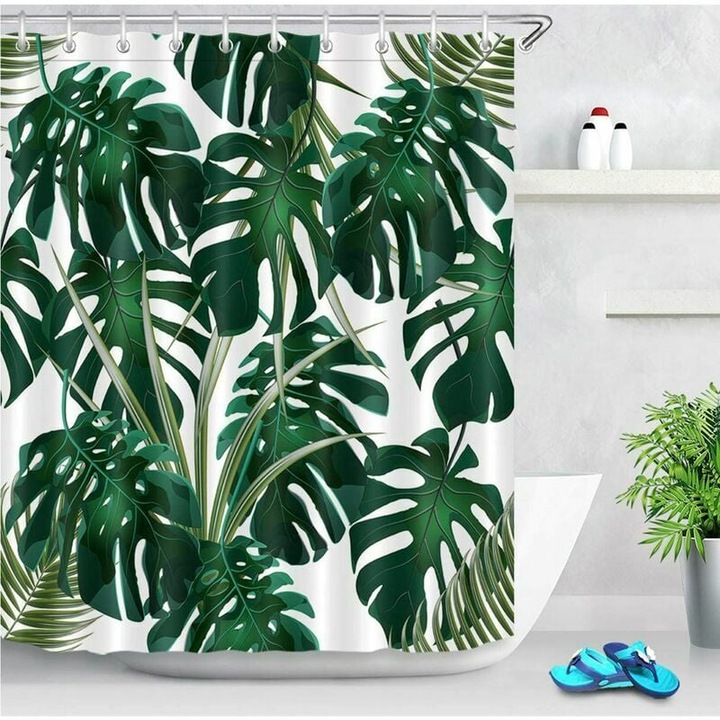 Cortina de dus cu frunze de Monstera, Enforose, design tropical, impermeabil, 150x180cm, uscare rapida