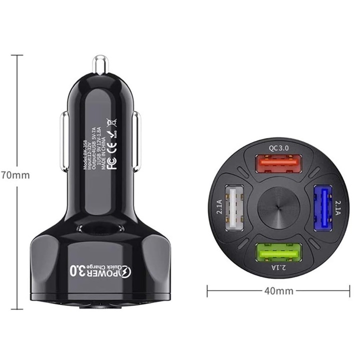 Autós töltő QC 3.0, 12-24V, 4 USB port, fekete