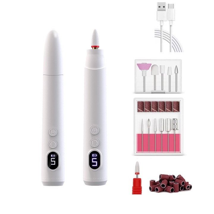 Freza unghii profesionala, reglare cu 5 viteze, incarcare USB, display LED, cu burghiu ceramic, 5 burghie profesionale, 30 benzi de slefuit, 20000 RMP, directie fata si spate, alb