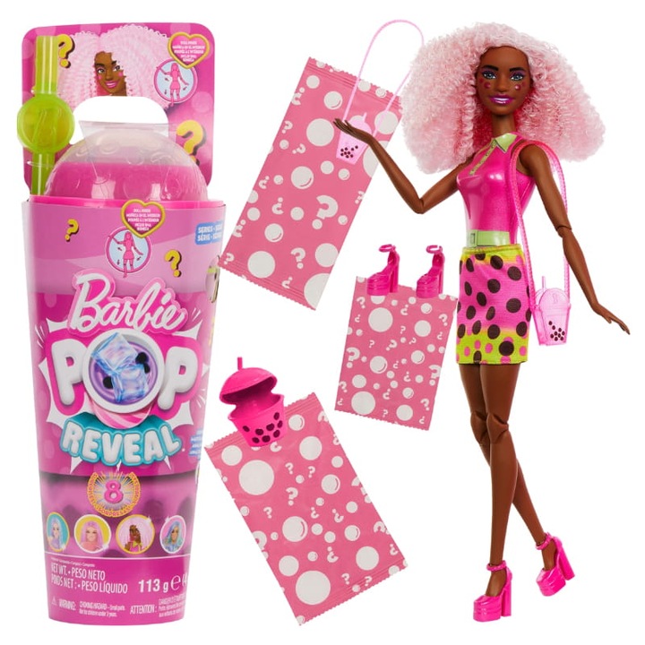 Кукла, Mattel, Barbie Pop Reveal Bubble Tea Berry, ароматизирана, функция за промяна на цвета, аксесоари за изненада