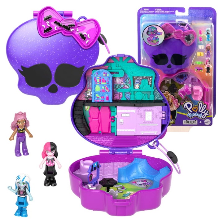 Комплект за игра, Mattel, Polly Pocket Compact Skull Monster High, Monster High Skull, микрокукли, тематични аксесоари, многоцветен