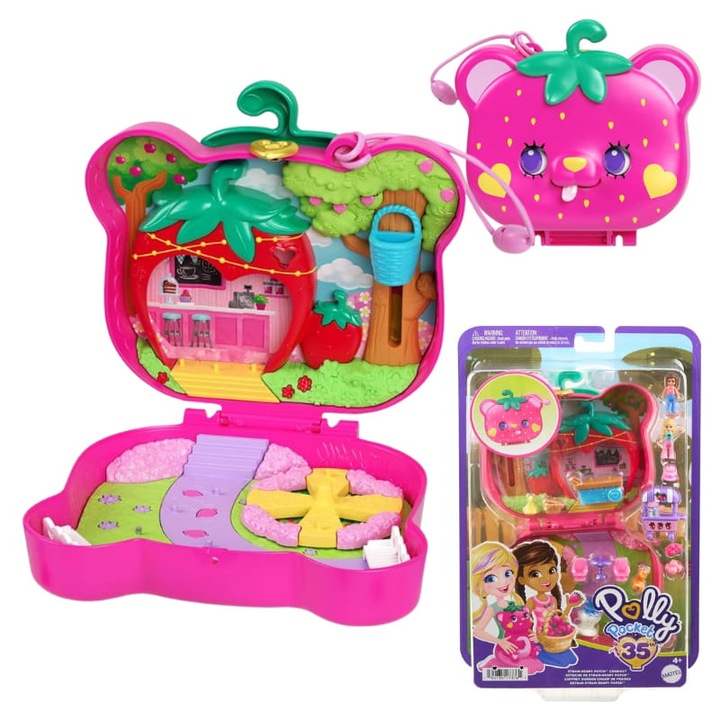 Комплект за игра Mattel, Polly Pocket Compact Strawberry Mi, тематични аксесоари, мобилни телефони, за 4+ години