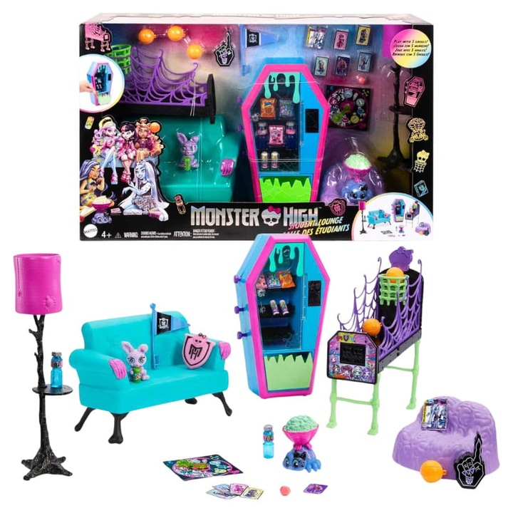 Комплект мебели, Mattel, Monster High Pupil Lounge, удобен диван, атмосферна лампа, функционална машина за закуски