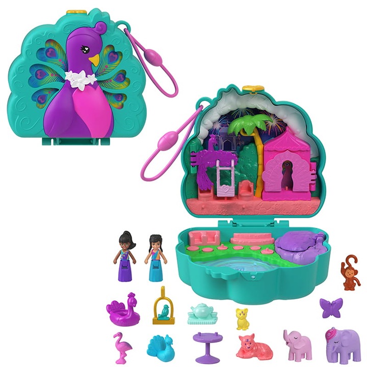 Комплект за игра, Mattel, Polly Pocket Peacock Garden, мобилни елементи, тематични аксесоари, лесна преносимост, многоцветен, 4+