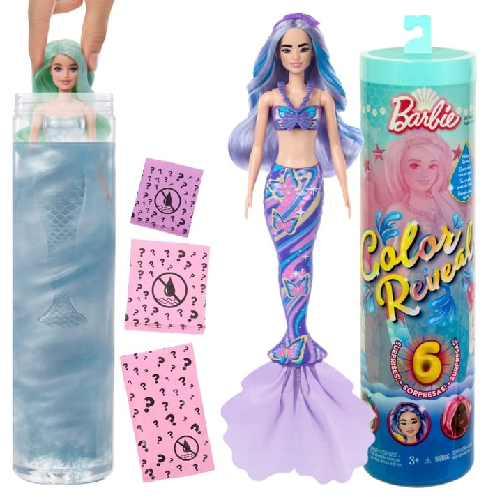 Кукла Русалка Barbie Color Reveal, Mattel, Комплект аксесоари, Магическа функция за промяна на цвета, За деца над 3 години